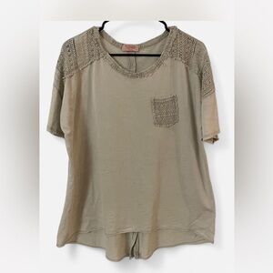 Crochet Trim Olive Short Sleeve Pocket Tee by Marianna